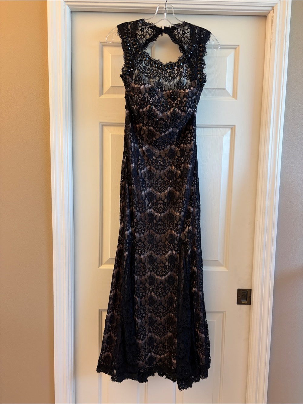 Betsy & Adam Black Lace Maxi Dress with Nude Lining